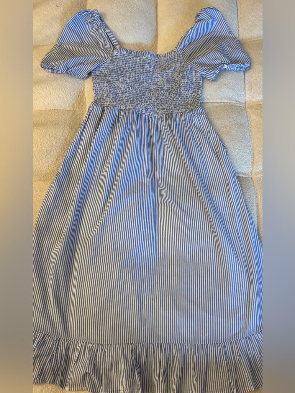 J.Crew Striped Smocked Midi Dress Puff Sleeve Ruffle Hem Blue White Petite Small